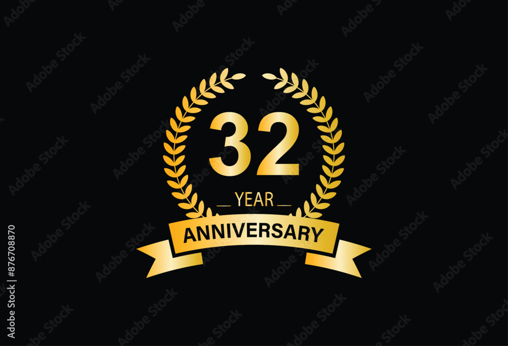 Fototapeta premium 32th Anniversary Celebration. Logo design with golden ring and text for anniversary celebration event, invitation, wedding, greeting card, banner, poster, flyer, brochure. Logo Vector Template