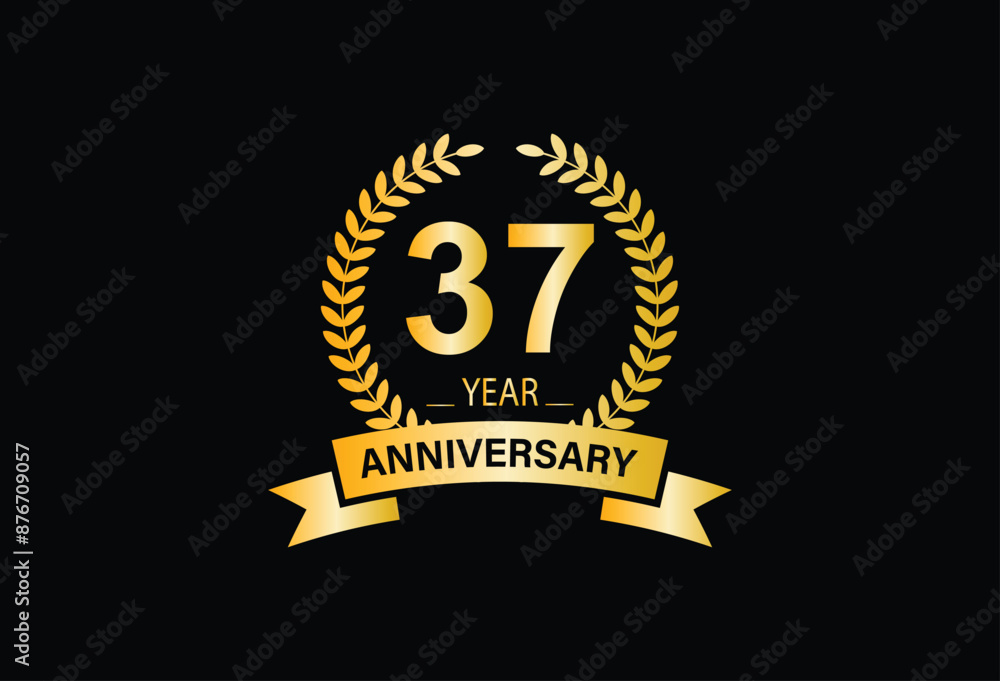 Fototapeta premium 37th golden anniversary logo with ring and ribbon. Vector design template elements for your birthday celebration.