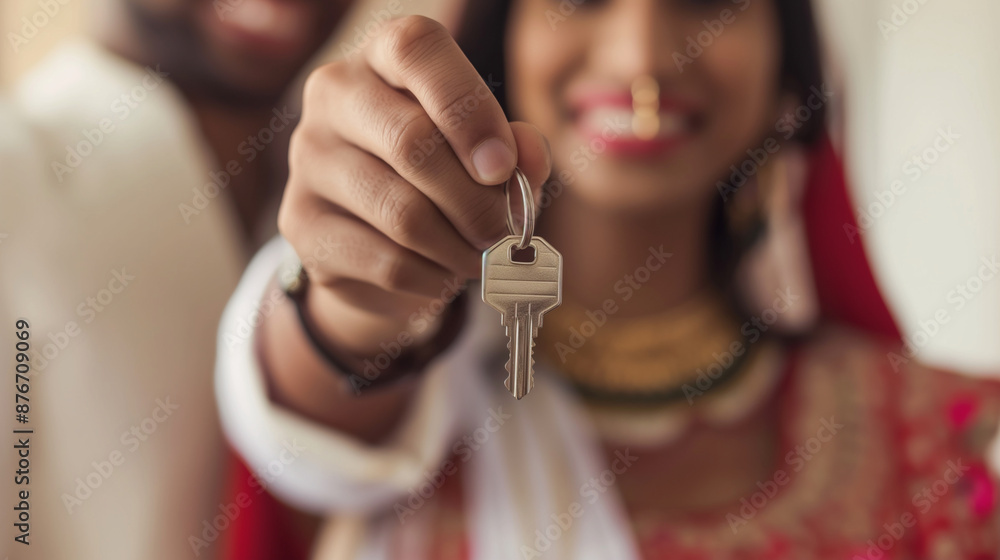 Obraz premium House key concept image Indian couple buying a house, real estate, family, happiness
