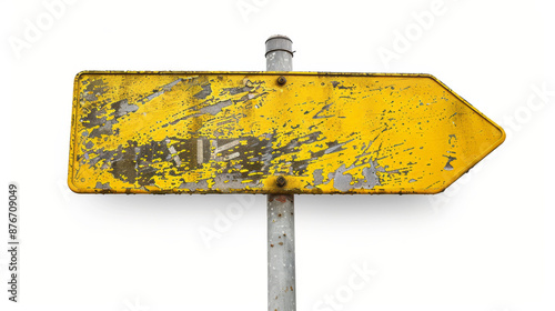 Fototapeta Naklejka Na Ścianę i Meble -  Yellow road sign with an arrow shape on a white background. The metal pole has a blank street signboard, making it perfect for adding your own text or design.