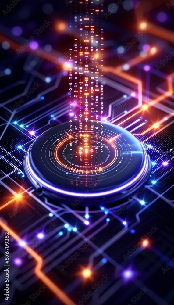 Obraz premium Futuristic circuit board with glowing elements and digital data flow, representing advanced technology and artificial intelligence.