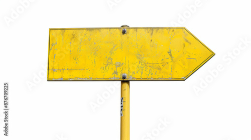 Yellow road sign with an arrow shape on a white background. The metal pole has a blank street signboard, making it perfect for adding your own text or design.