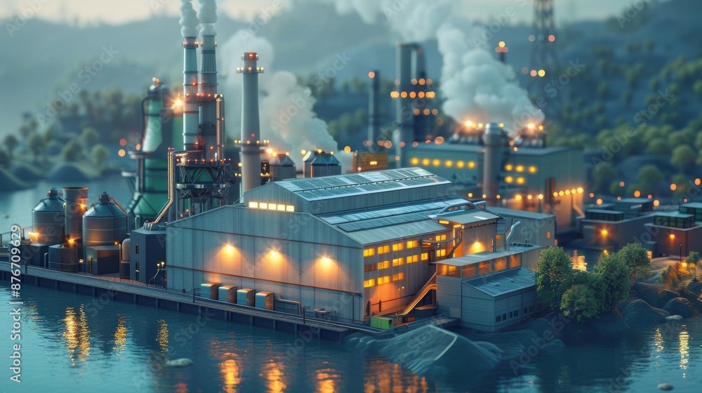 A large industrial complex with smoke stacks and lights, surrounded by water and trees. A large industrial complex with smoke stacks and lights, surrounded by water and trees.