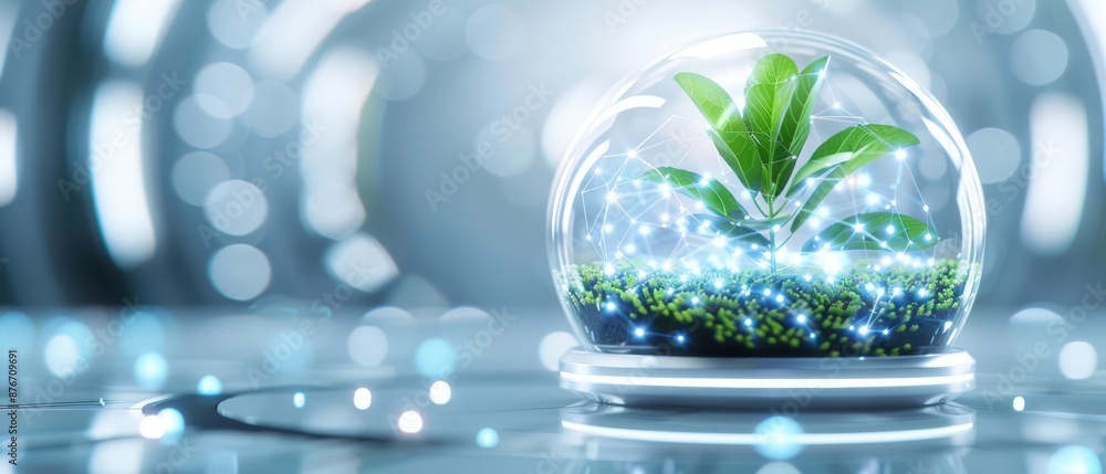 Green plant in a glass dome with sparkling lights, symbolizing growth and innovation in a futuristic setting. Green plant in a glass dome with sparkling lights, symbolizing growth and innovation in a futuristic setting.