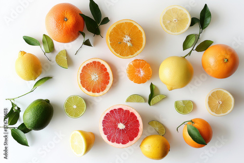 A selection of fresh citrus fruits on a white background © Venka