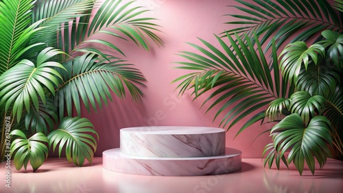 Pink Marble Podium With Palm Leaves. 3D Rendering.
