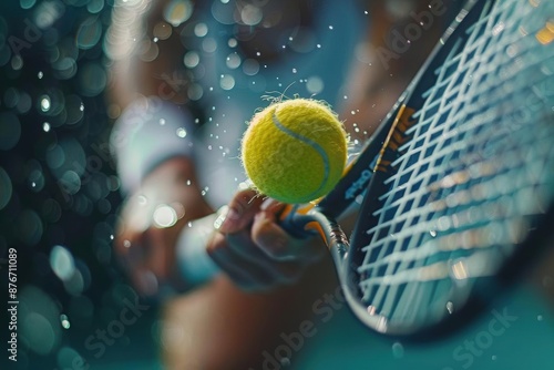 Closeup of tennis racket hitting ball during match.