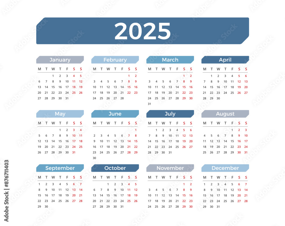 2025 Calendar, week starts on Monday, vector eps10 illustration 2025 Calendar, week starts on Monday, vector eps10 illustration