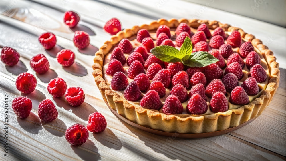 A Delicious Homemade Raspberry Tart With Fresh Raspberries On A White Wooden Table. A Delicious Homemade Raspberry Tart With Fresh Raspberries On A White Wooden Table.