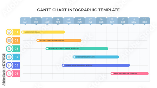 Project time plan with 6 tasks, gantt chart, timeline infographic template, vector eps10 illustration