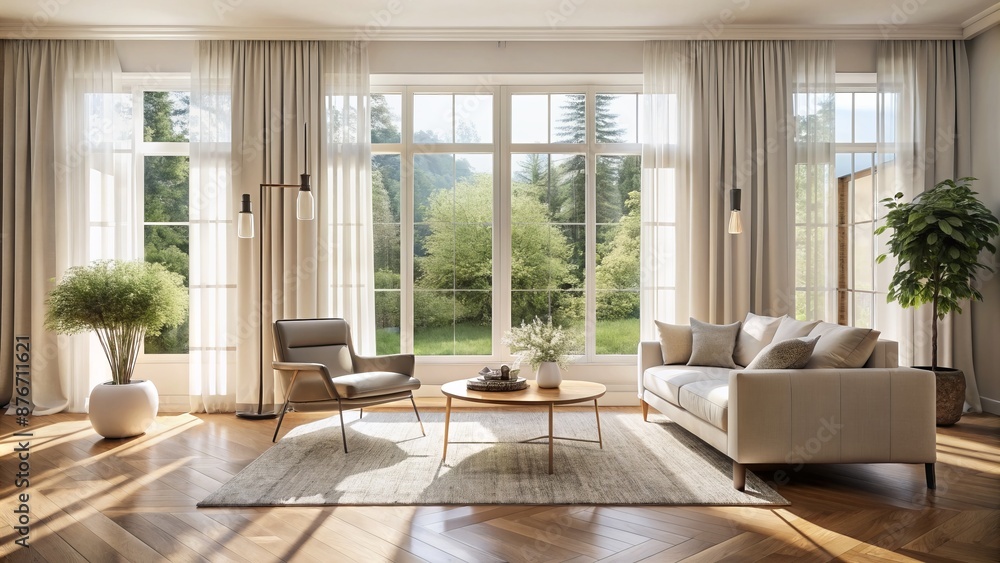 Fototapeta premium Bright And Airy Living Room With Large Windows And A Comfortable Seating Area