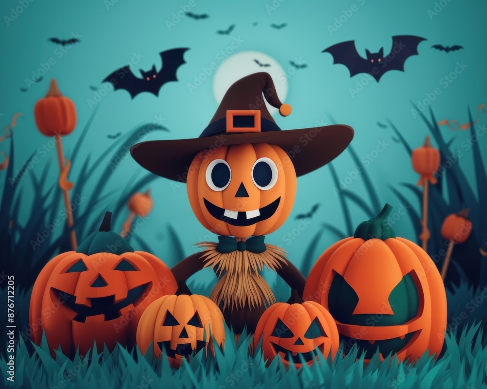 Scary scarecrow, 3D pumpkin patch, flat design illustration Scary scarecrow, 3D pumpkin patch, flat design illustration