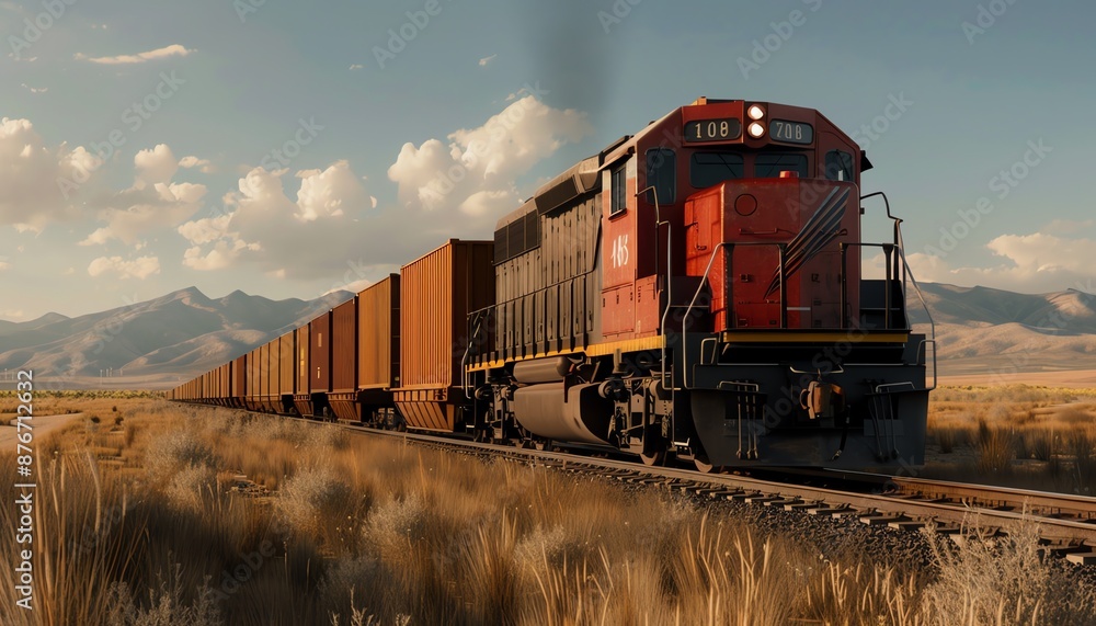 Fototapeta premium Diesel locomotive pulling cargo, mountains in the background, noon, panoramic, clear skies, crisp detail
