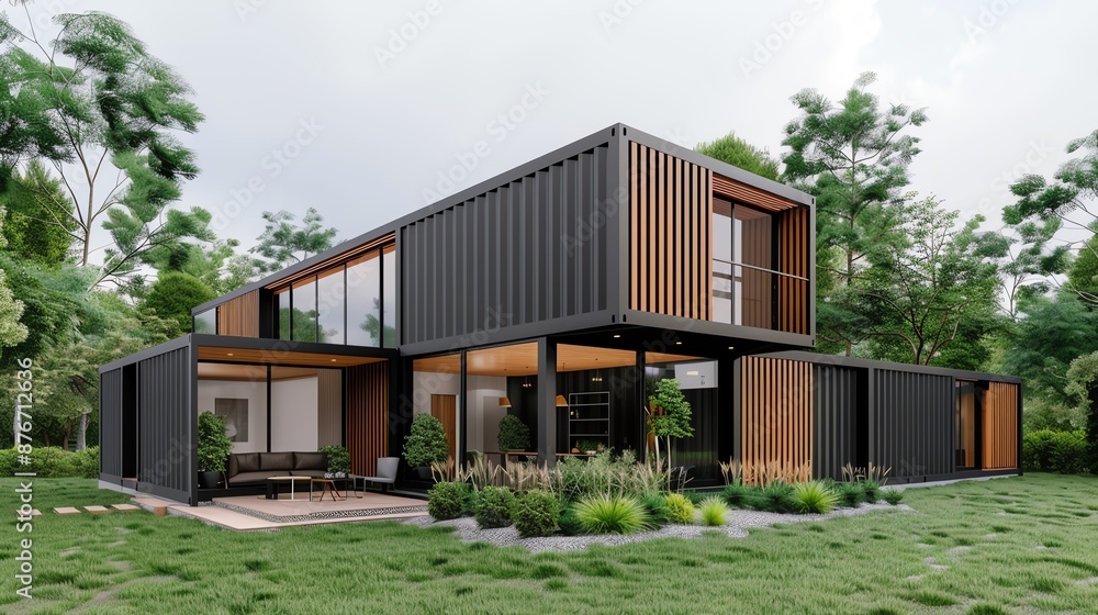 Fototapeta premium Eco-friendly containers repurposed as modern homes in a lush green setting, showcasing sustainable living