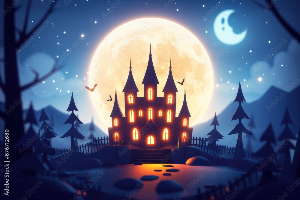 Fototapeta premium Full moon, 3D haunted castle, flat design illustration