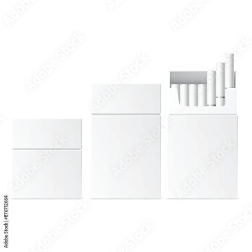 Three white, blank cigarette boxes with one open showing contents. Vector