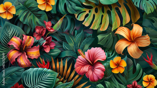 Wallpaper Mural Tropical green leaves, exotic plants, and colorful flowers create a lush botanical backdrop. Perfect for cards, invitations, or any project needing a touch of the tropics. Torontodigital.ca