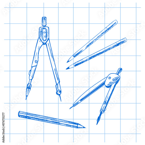 Vector hand-drawn school and office tools Illustration set. Detailed retro style Architect's compasses and pencils sketch. Vintage sketch element. Back to School.