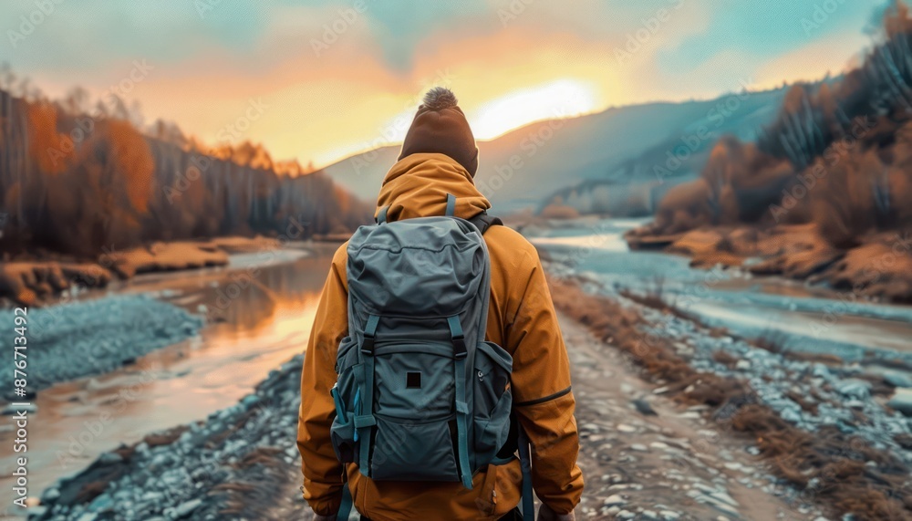 Fototapeta premium Embrace the Adventure Hiking with Your Pet Companion, Stunning Mountain Views and a Serene River Path Await Discover the Joy of Nature Together Let the Journey Begin