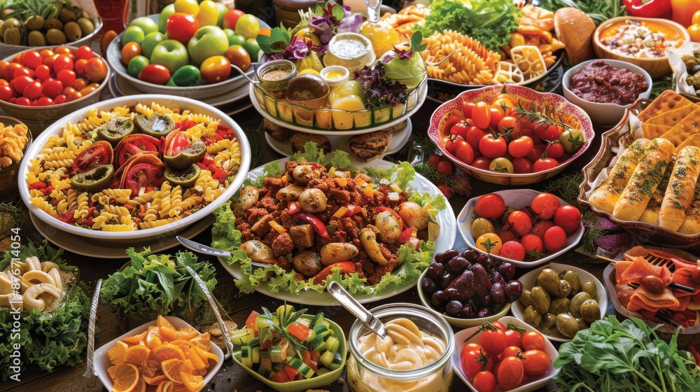 A table piled with various dishes, including salads, pasta, and snacks. A colorful spread of food. A table piled with various dishes, including salads, pasta, and snacks. A colorful spread of food.
