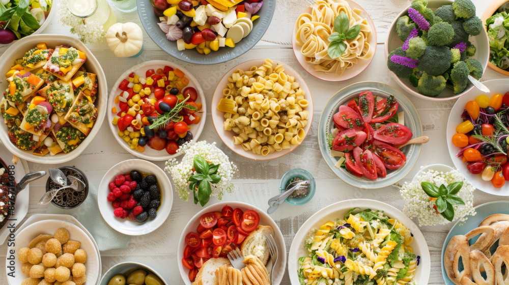 A table piled with various dishes, including salads, pasta, and snacks. A colorful spread of food. A table piled with various dishes, including salads, pasta, and snacks. A colorful spread of food.