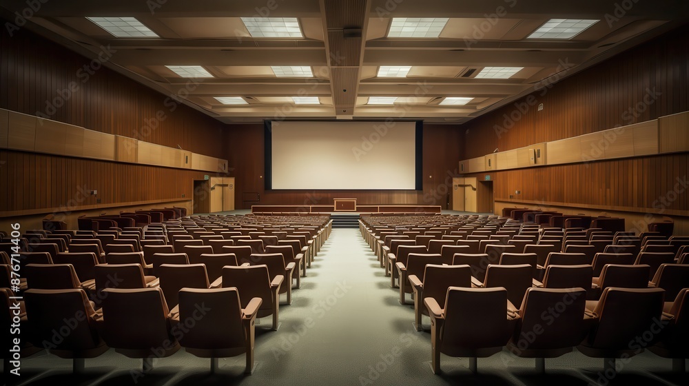 Naklejka premium Empty lecture hall at a university, with rows of seats and a large projection screen, ready for students