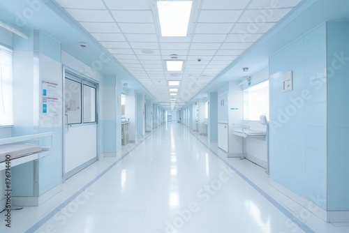 Empty hospital hallway with clean, white walls and fluorescent lighting, conveying a sense of urgency and care © Premreuthai