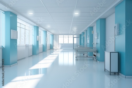Empty hospital hallway with clean, white walls and fluorescent lighting, conveying a sense of urgency and care
