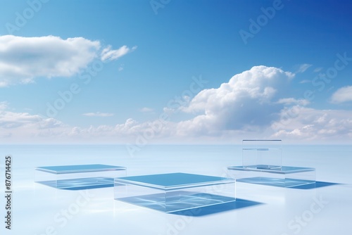 Floating glass podiums in a serene sky-like background, creating an ethereal setting for innovative technology and design objects