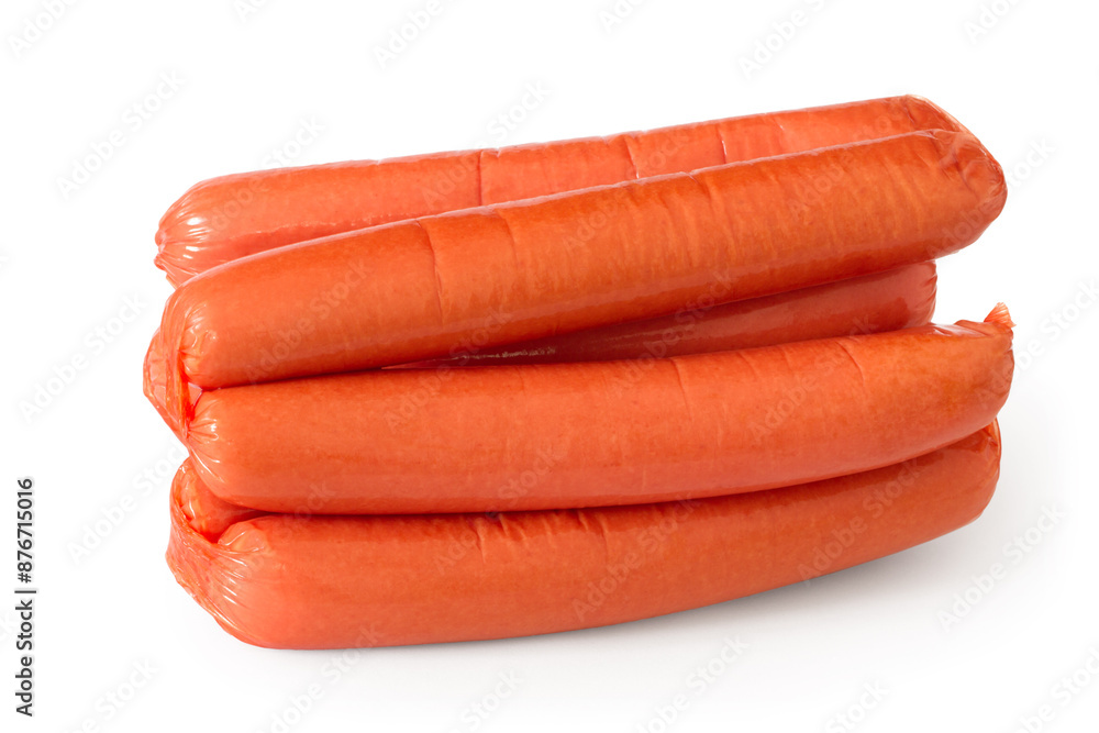 A bunch of long thin sausages on a white background. Lots of fresh meat sausages. A bunch of long thin sausages on a white background. Lots of fresh meat sausages.