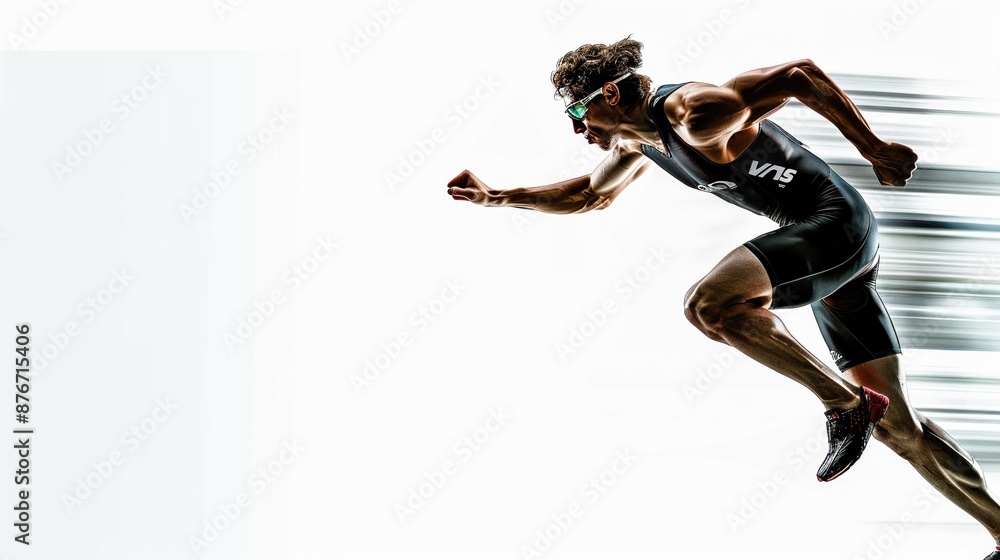 Dynamic image of a triathlete in full stride running phase focus Dynamic image of a triathlete in full stride running phase focus