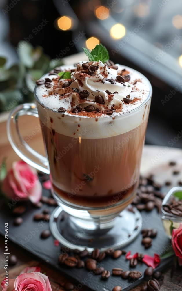 Coffee drink with whipped cream, chocolate and a red rose. Coffee drink with whipped cream, chocolate and a red rose.