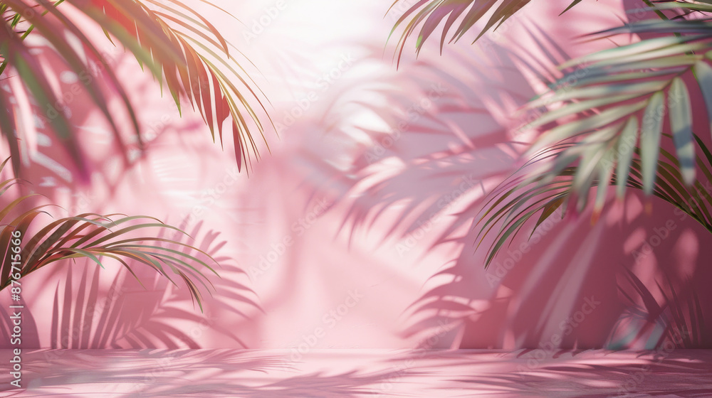 Naklejka premium Pink wall with blurred shadows from palm leaves. Perfect for displaying products in the spring, summer, or year-round.
