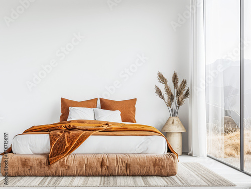 Bedroom interiors in neutral colors with a bed next to a large window filling the room with lighting. Relaxing Real Estate interiors design composition.