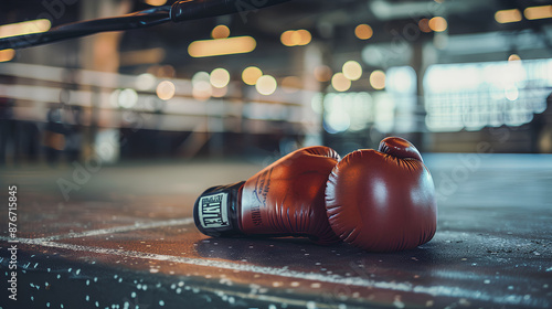 Boxing gloves in an empty gym