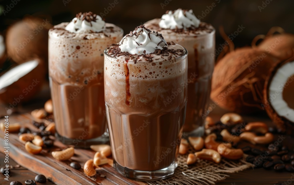 Three iced coffee drinks with whipped cream and chocolate shavings, surrounded by coconuts and coffee beans. Three iced coffee drinks with whipped cream and chocolate shavings, surrounded by coconuts and coffee beans.