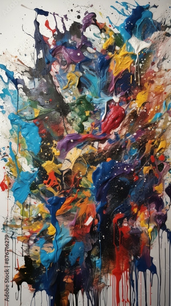 Fototapeta premium A chaotic yet harmonious mix of paint splatters and drips, each color pooling and blending into the next, creating a sense of controlled chaos on the textured canvas surface, Artwork, mixed media 