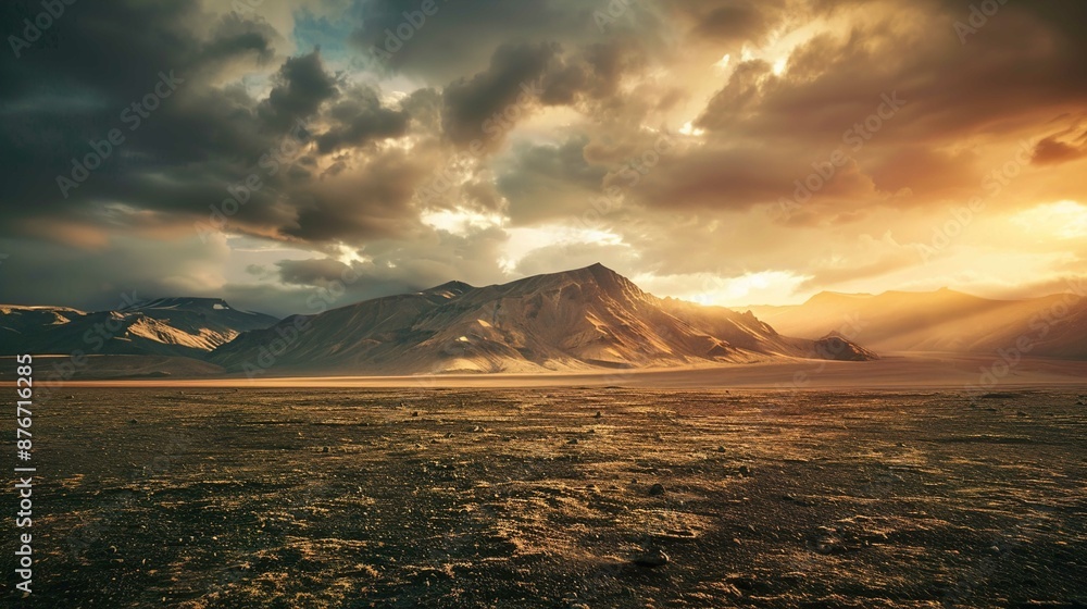 Fototapeta premium A breathtaking view of a rugged mountain range bathed in the warm golden light of a sunset. The vast landscape features barren terrain in the foreground, covered with small patches of grass and rocks.