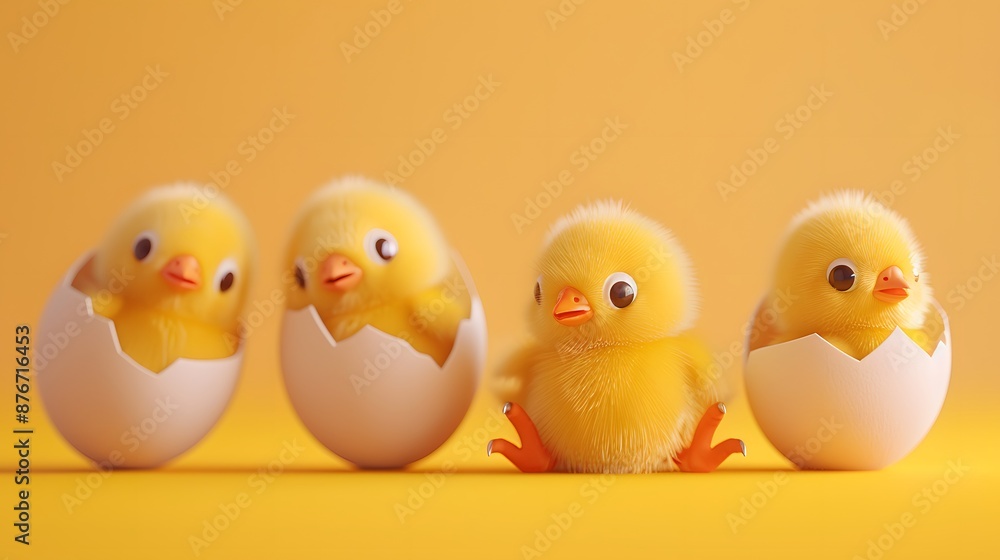 3D render of Easter chicks hatching from eggs on a pastel orange background, clean background, no copyrighted logo, no letters, no peaple 3D render of Easter chicks hatching from eggs on a pastel orange background, clean background, no copyrighted logo, no letters, no peaple