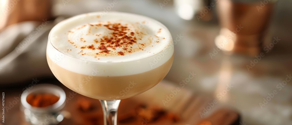 Creamy cocktail with a sprinkle of cinnamon in a coupe glass. Creamy cocktail with a sprinkle of cinnamon in a coupe glass.