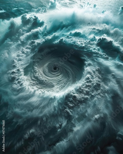 Hurricane view over the ocean with a drone. Capture swirling clouds and the eye of the storm with intense power.