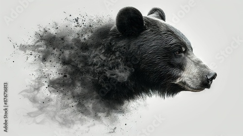   A monochrome photograph showcases a bear's head emitting considerable amounts of smoke photo