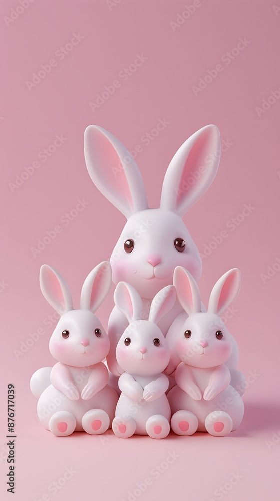3D render of Easter bunny family gathering on a pastel pink background, clean background, no copyrighted logo, no letters, no peaple 3D render of Easter bunny family gathering on a pastel pink background, clean background, no copyrighted logo, no letters, no peaple