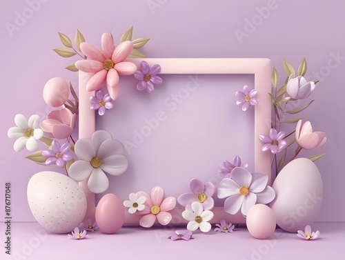 3D render of Happy Easter banner with flowers and eggs on a pastel purple background, clean background, no copyrighted logo, no letters, no peaple