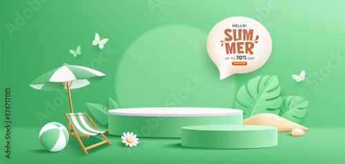 Summer green podium sale, beach umbrella and beach reclining chair, pile of sand, tropical leaf, banner design on green background. EPS 10 Vector illustration
