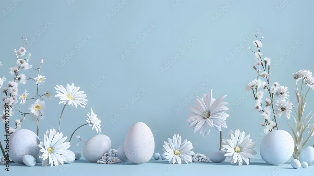 3D render of Spring flowers and Easter eggs on a pastel blue background, clean background, no copyrighted logo, no letters, no peaple 3D render of Spring flowers and Easter eggs on a pastel blue background, clean background, no copyrighted logo, no letters, no peaple