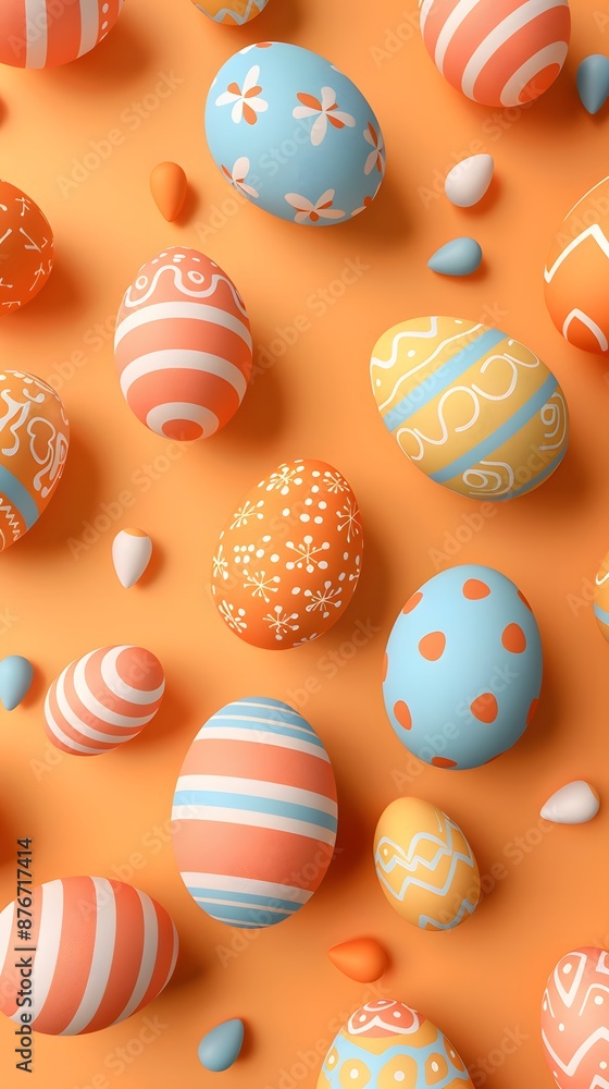 Fototapeta premium 3D render of Hand-drawn Easter eggs on a pastel orange background, clean background, no copyrighted logo, no letters, no peaple