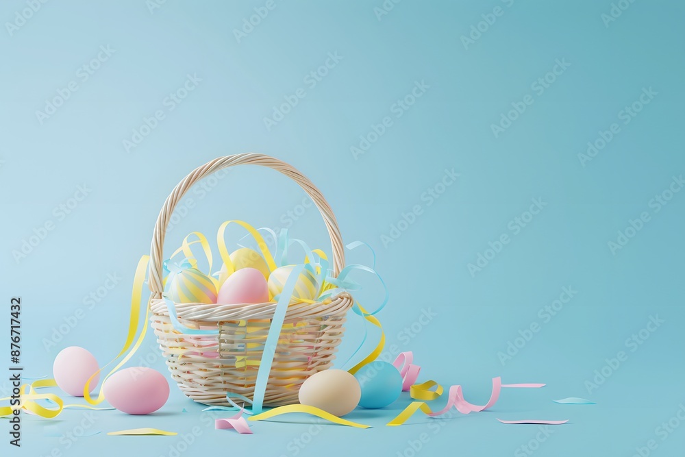 3D render of Easter egg basket with ribbons on a pastel blue background, clean background, no copyrighted logo, no letters, no peaple 3D render of Easter egg basket with ribbons on a pastel blue background, clean background, no copyrighted logo, no letters, no peaple