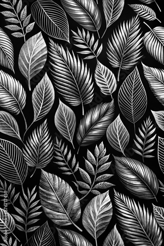 Leaves pattern print background watercolor style 3D illustration. Modern abstract art silver black  colors. wallpaper.Floral card. Poster. 