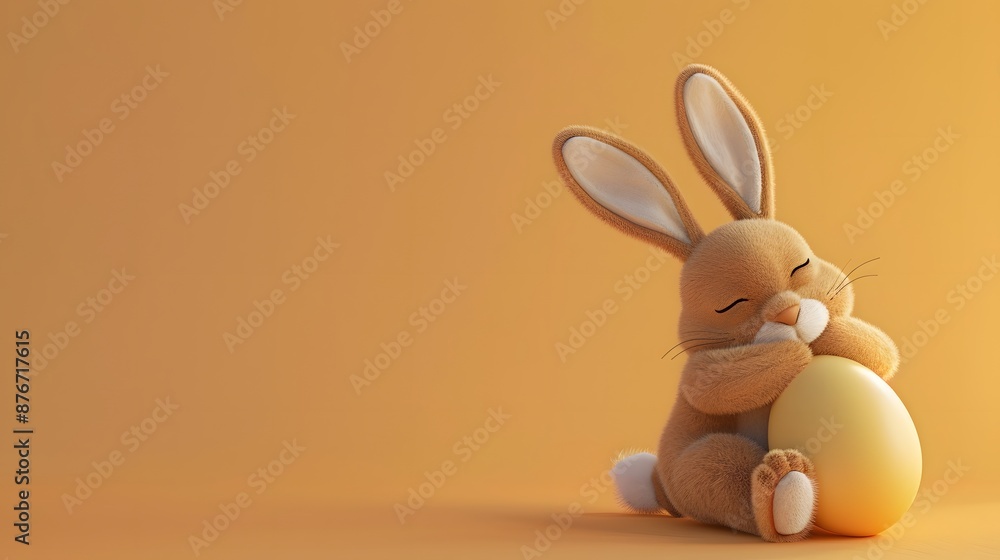 Obraz premium 3D render of Easter bunny hugging an egg on a pastel orange background, clean background, no copyrighted logo, no letters, no peaple